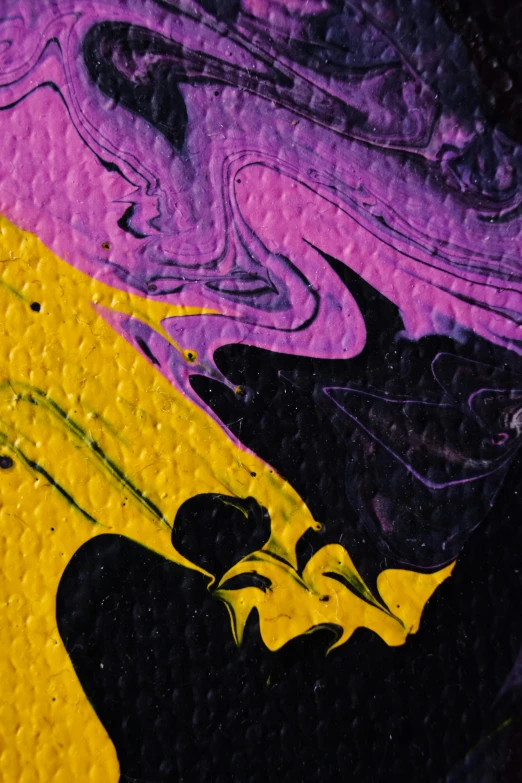 a close up of a painting of a person on a skateboard, trending on pexels, abstract expressionism, purple and yellow, marbling, painting on black canvas, banner