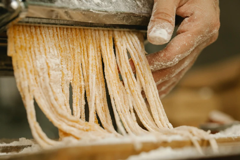 a close up of a person using a machine to make pasta, pexels contest winner, process art, heavy lines, al fresco, lion's mane, pulling strings