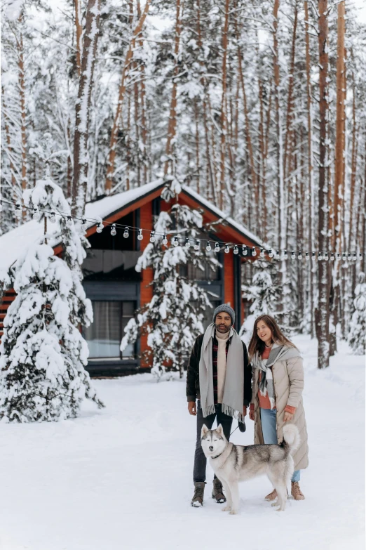 a man and woman standing next to a dog in the snow, a picture, by Julia Pishtar, hurufiyya, luxurious wooden cottage, amidst of nature fully covered, 🚿🗝📝, in russia