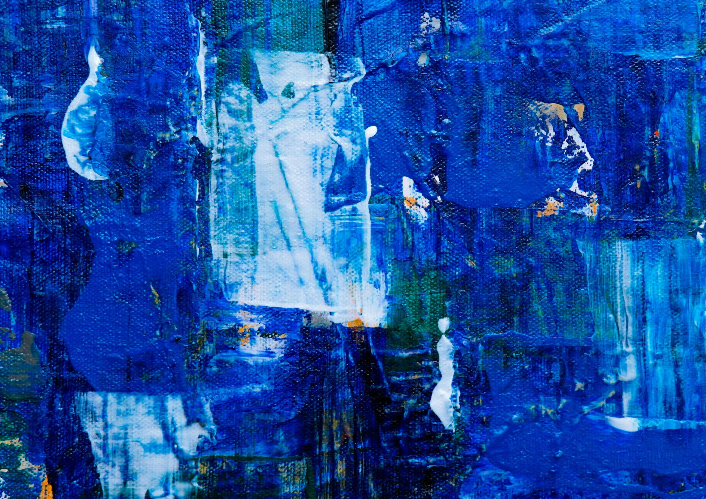 a close up of a painting on a wall, inspired by Yves Klein, pexels, lyrical abstraction, blue torn fabric, brightly lit blue room, 144x144 canvas, synthetic cubism