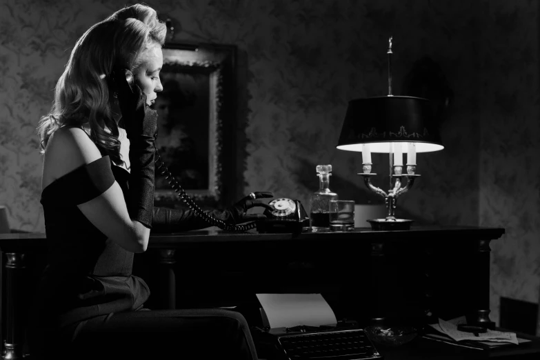 a woman sitting at a desk with a typewriter, by Emma Andijewska, classic film noir scene, girl making a phone call, sin city, madonna