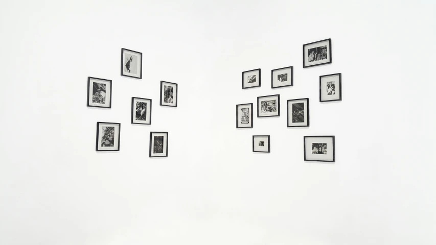 a room that has a bunch of pictures on the wall, a black and white photo, by Mirko Rački, pexels, visual art, with a white background, lithography, 15081959 21121991 01012000 4k, audience