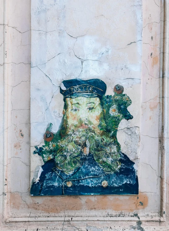 a painting on the side of a building, by Julian Schnabel, trending on unsplash, qajar art, god of wealth, oil on aged tin, cuba, cthulhu