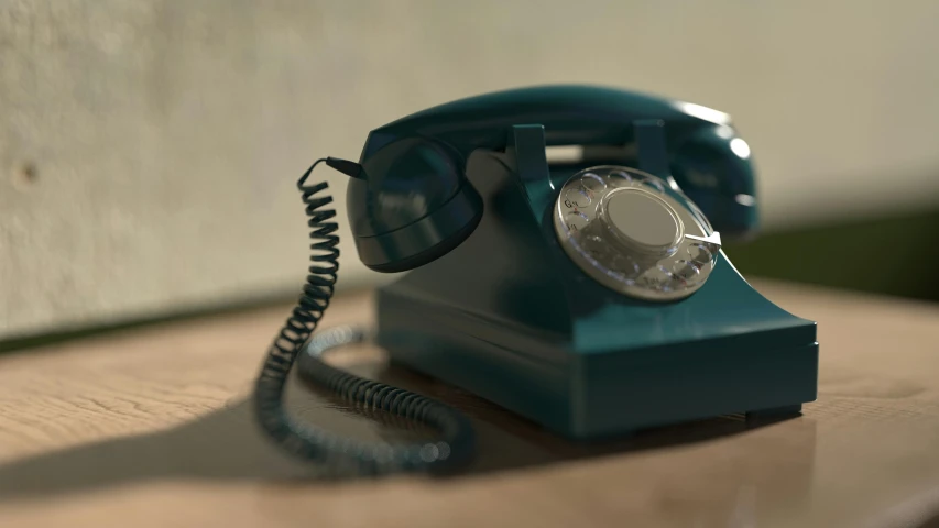 a blue telephone sitting on top of a wooden table, a 3D render, by Ben Zoeller, trending on polycount, photorealism, unreal engine. retro film still, 8 k octane comprehensive render, dial, pbr render