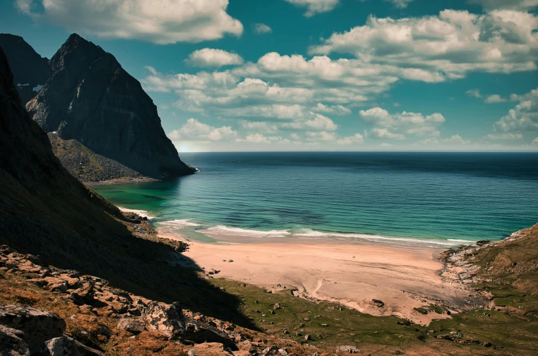 a view of a beach from the top of a hill, by Ibrahim Kodra, pexels contest winner, norway mountains, serene colors, arabia, sharp cliffs