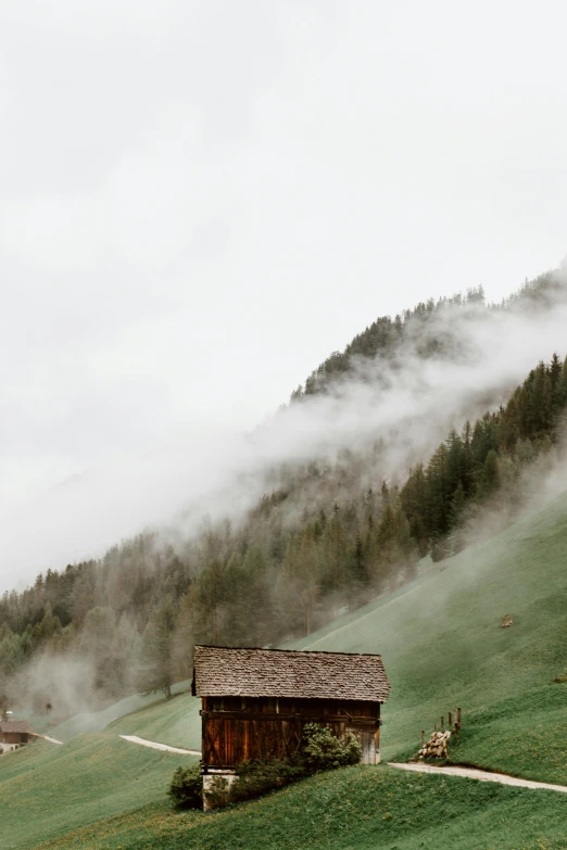 a small cabin sitting on top of a lush green hillside, by Johannes Voss, pexels contest winner, renaissance, melting clouds, overcast gray skies, made of mist, chalet