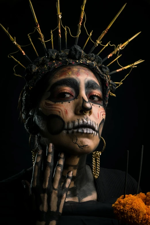 a close up of a person wearing a skeleton headdress, by Alejandro Obregón, pexels contest winner, hyperrealism, fullbody painting, black and gold wires, religious, the'other mother'from'coraline '