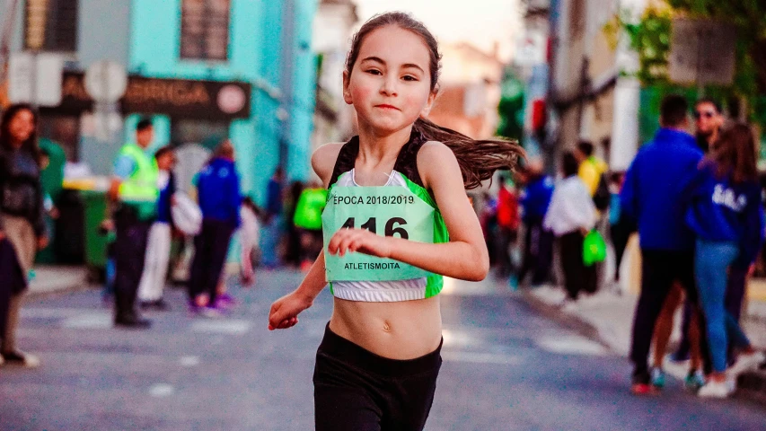 a little girl that is running in a race, an album cover, by Giorgio Cavallon, pexels contest winner, antipodeans, photo of slim girl model, 15081959 21121991 01012000 4k, performance, profile image
