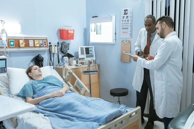 a doctor talking to a patient in a hospital bed, hurufiyya, production still, background image, gary houston, full body image