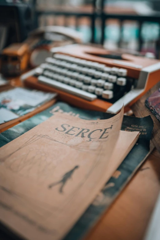 an old typewriter sitting on top of a wooden desk, trending on pexels, serial art, with book of science, cover of a magazine, sacrifice, derse