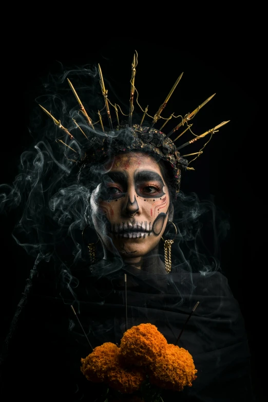 a woman dressed as a skeleton holding a flower, an album cover, by Alejandro Obregón, pexels contest winner, smoke out of eyes, aztec god, tooth wu : : quixel megascans, gold crown and filaments