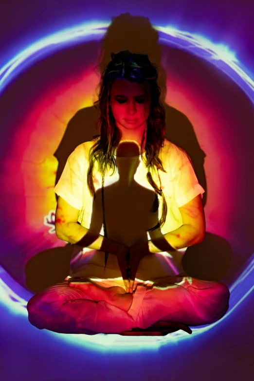 a woman sitting in the middle of a circle of light, psychedelic art, promo photo, figure meditating close shot, blacklight reactive, press shot