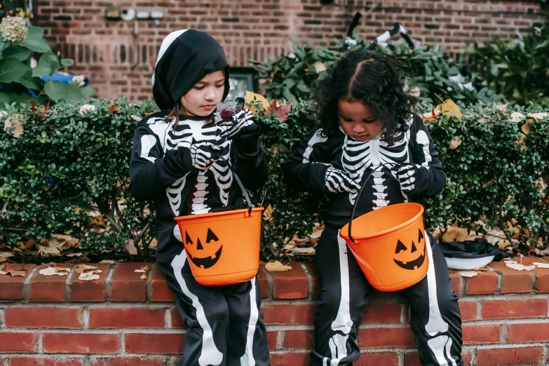 two children dressed up in halloween costumes sitting on a brick wall, by Nina Hamnett, pexels, vanitas, walking over a skeleton, memes, islamic, 🦩🪐🐞👩🏻🦳