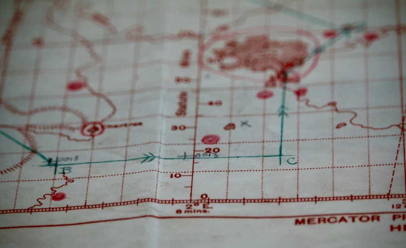 a close up of a map on a piece of paper, blueprint red ink, 1 9 2 0 s cloth, medium distance shot, area 3
