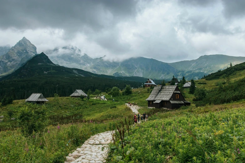 a group of people walking down a path in the mountains, by Emma Andijewska, unsplash contest winner, renaissance, wooden houses, polish, in a vast serene landscape, avatar image