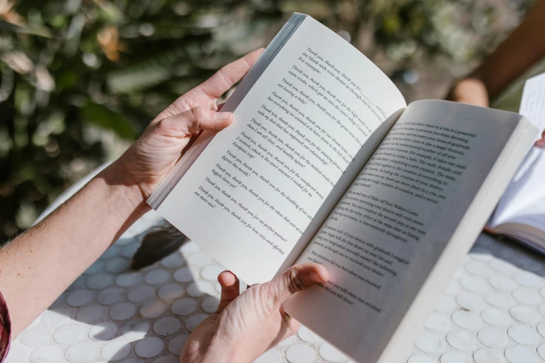 a person sitting at a table reading a book, pexels contest winner, private press, sparkling in the sunlight, background image, printed page, thumbnail