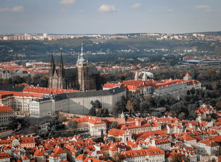 a view of a city from the top of a hill, by Adam Marczyński, pexels contest winner, art nouveau, square, cathedral in the background, brown, orange roof