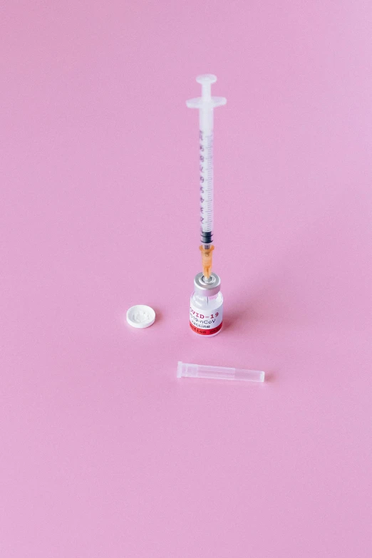 a syll sitting on top of a pink surface, by Eva Frankfurther, unsplash, syringes, mini model, round bottle, ilustration