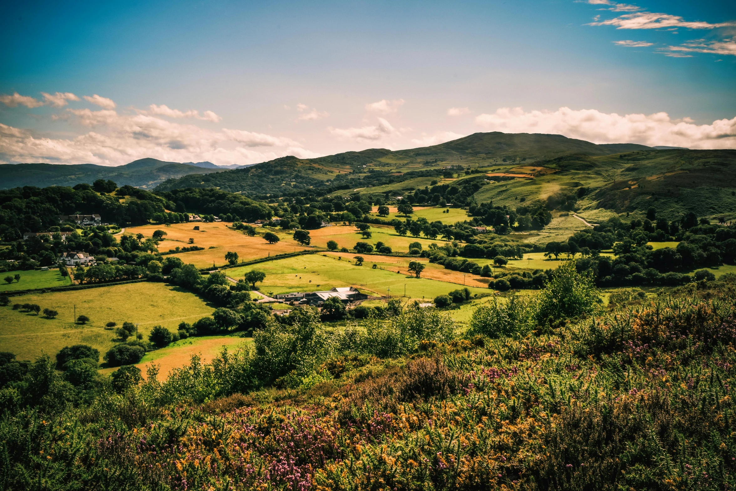 a view of the countryside from the top of a hill, by Lee Loughridge, pexels contest winner, in a mountain valley, summertime, gwyn, thumbnail