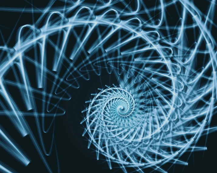 a spiral of blue light on a black background, a digital rendering, by Julian Allen, generative art, intricate wires, ilustration, white spiral horns, intricate image