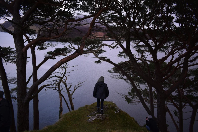 a person standing on top of a hill next to a body of water, by Jessie Algie, pexels contest winner, irish forest, distant hooded figures, in a tree, looking out over the sea