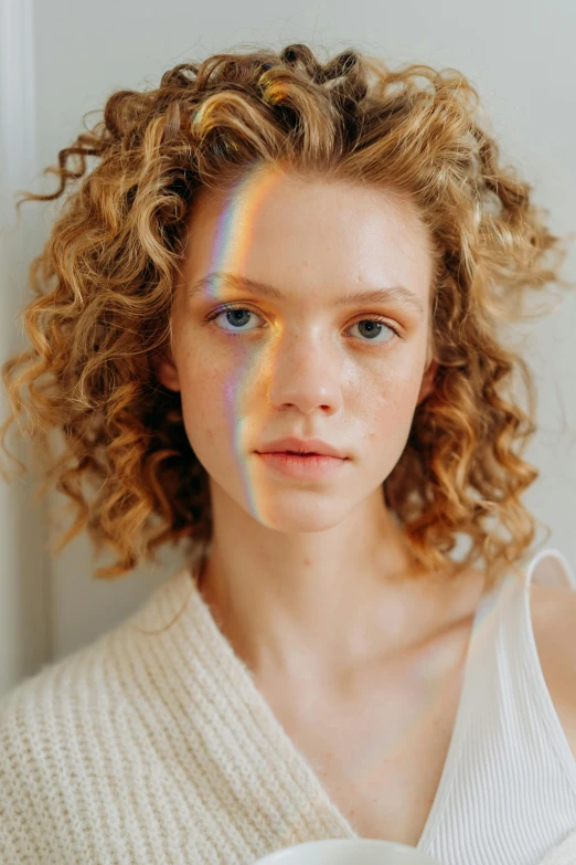 a woman with curly hair standing in front of a mirror, a colorized photo, trending on pexels, glowing rainbow face, sunlights, natural soft pale skin, fashion model face