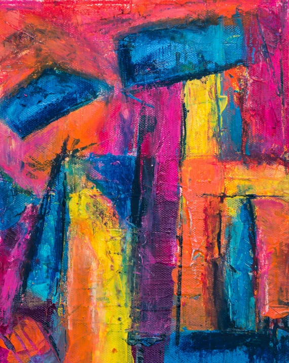 a painting that is on display in a room, inspired by Johannes Itten, pexels contest winner, abstract expressionism, oil pastels, night life, high rises, highly textured