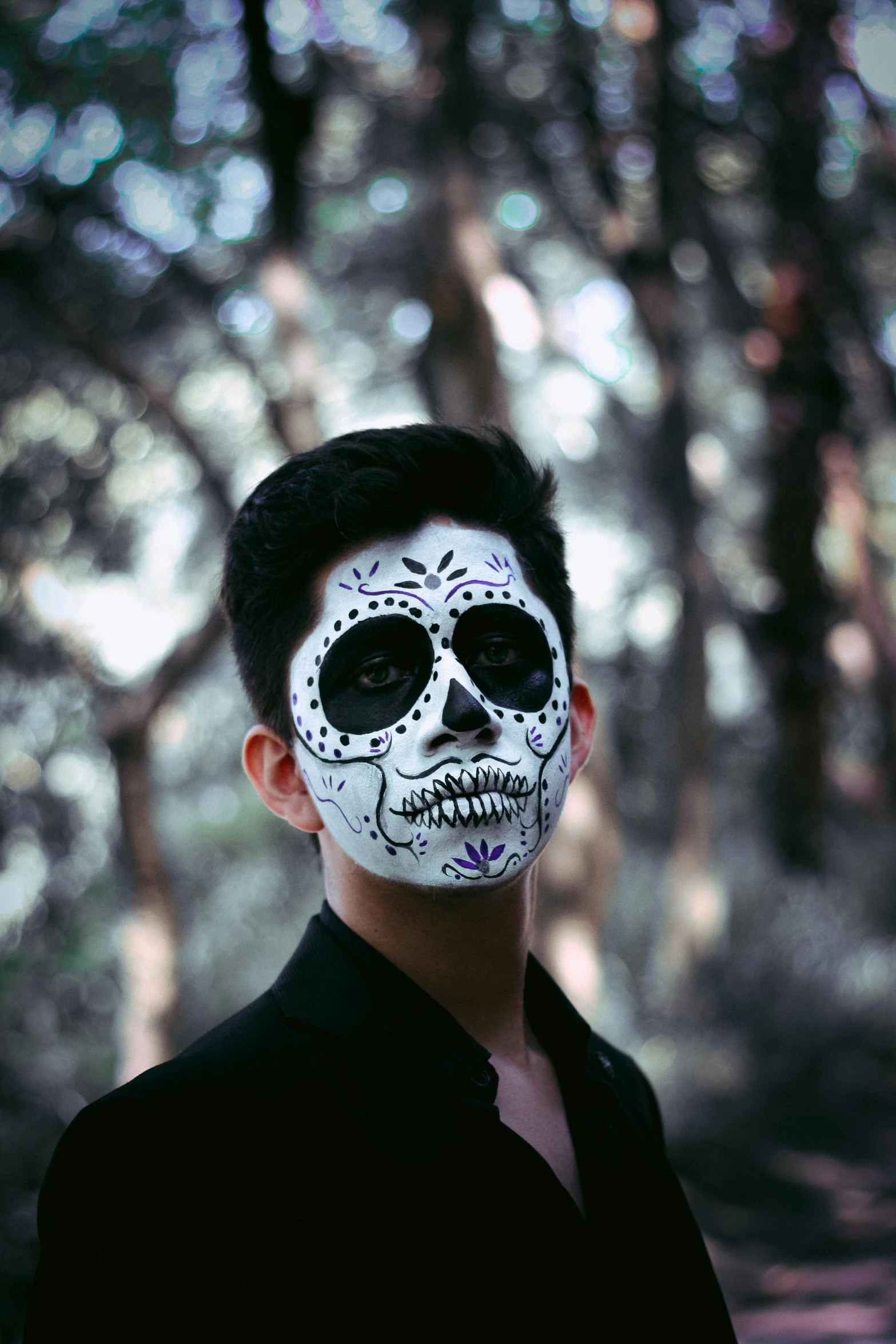 a man wearing a sugar skull mask in the woods, pexels contest winner, hyperrealism, a handsome, asian male, avatar image, teenager