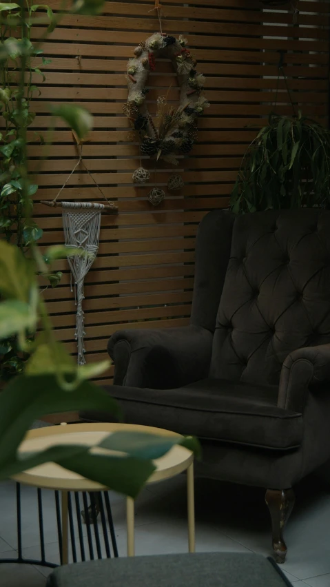 a living room filled with furniture and plants, an album cover, pexels contest winner, dark grey, garden environment, chair, grayish