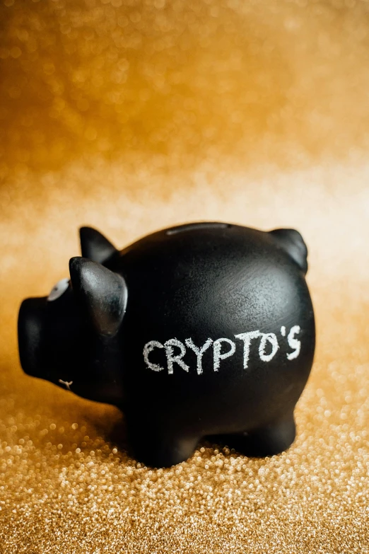 a black piggy bank with the word crypts written on it, cryptocurrency, instagram post, uncrop, (1 as december