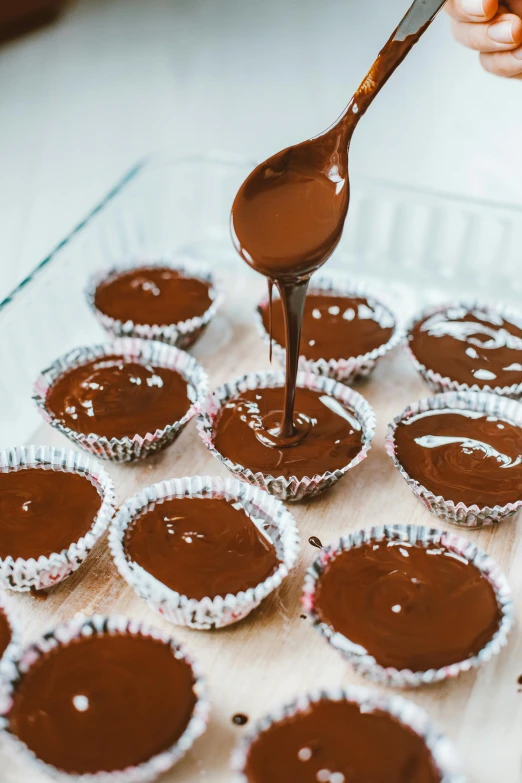 a tray of chocolate cupcakes being drizzled with a spoon, trending on pexels, process art, bowl, manuka, brunette, jelly