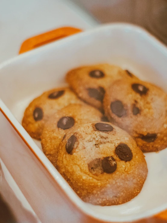 three chocolate chip cookies in a plastic container, a portrait, by Robbie Trevino, unsplash, detailed product image, 6 pack, cosy, wide high angle view