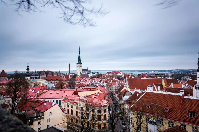 a view of a city from the top of a hill, by Julia Pishtar, unsplash contest winner, art nouveau, tallinn, square, muted blue and red tones, greta thunberg