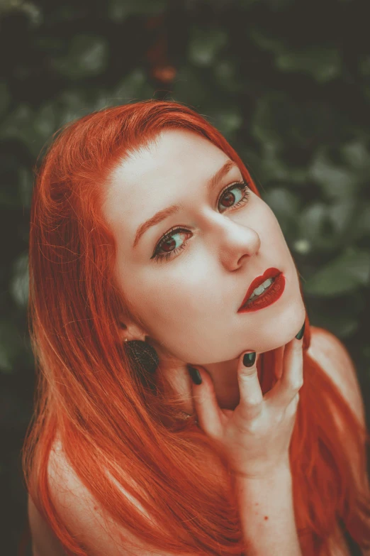 a woman with red hair posing for a picture, an album cover, inspired by Elsa Bleda, pexels contest winner, headshot profile picture, complementary colour, amouranth, angiewolf