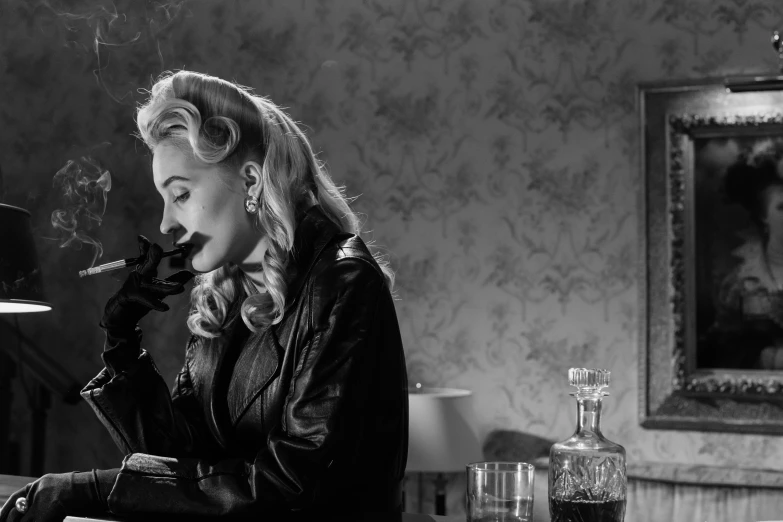 a black and white photo of a woman smoking a cigarette, yvonne strahovski, rockabilly style, still life, movie still 8 k