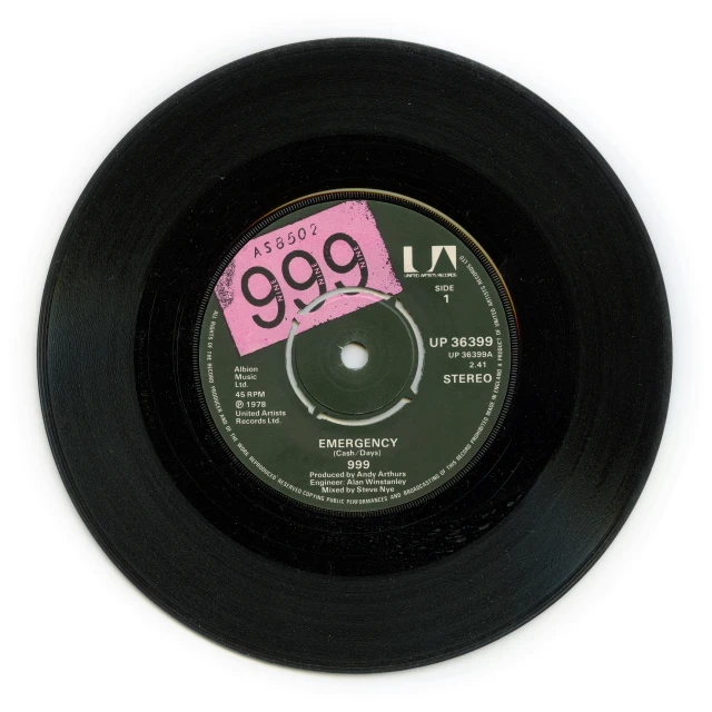 a record sitting on top of a white surface, emergency, 1 9 7 9, a single, rated e10