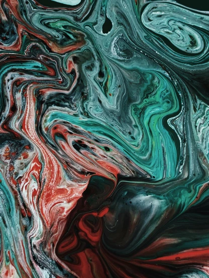 a close up of a painting with many colors, an abstract painting, inspired by Umberto Boccioni, trending on pexels, made of liquid, red green black teal, made of liquid metal and marble, trippy mood