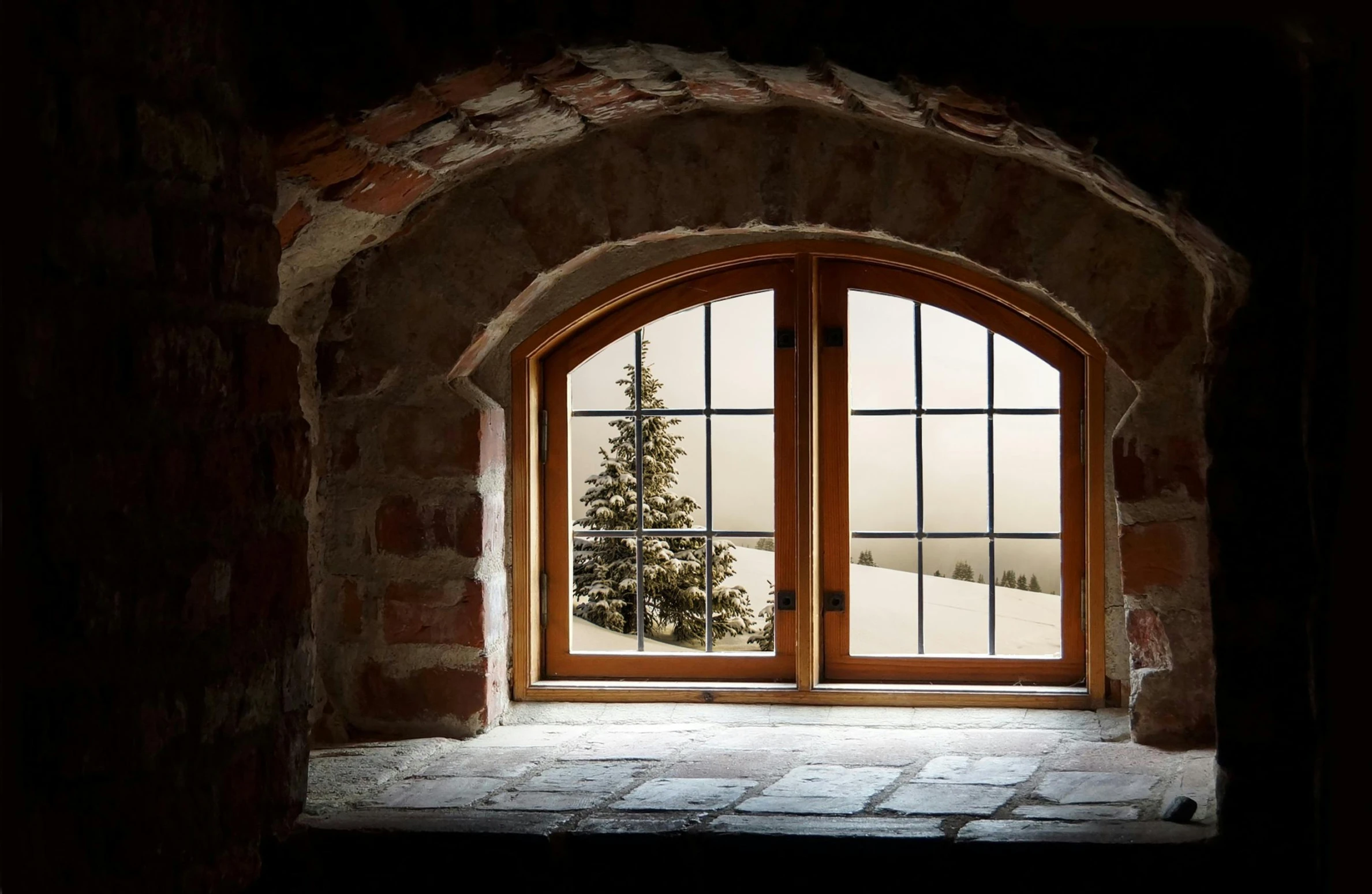 a window with a christmas tree outside of it, by Jesper Knudsen, pexels contest winner, interior of a hobbit hole, alpine architecture, steel archways, cold winter