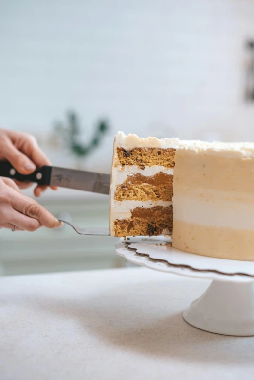 a person cutting a cake with a knife, by Robbie Trevino, caramel, tall, hands on counter, vanilla