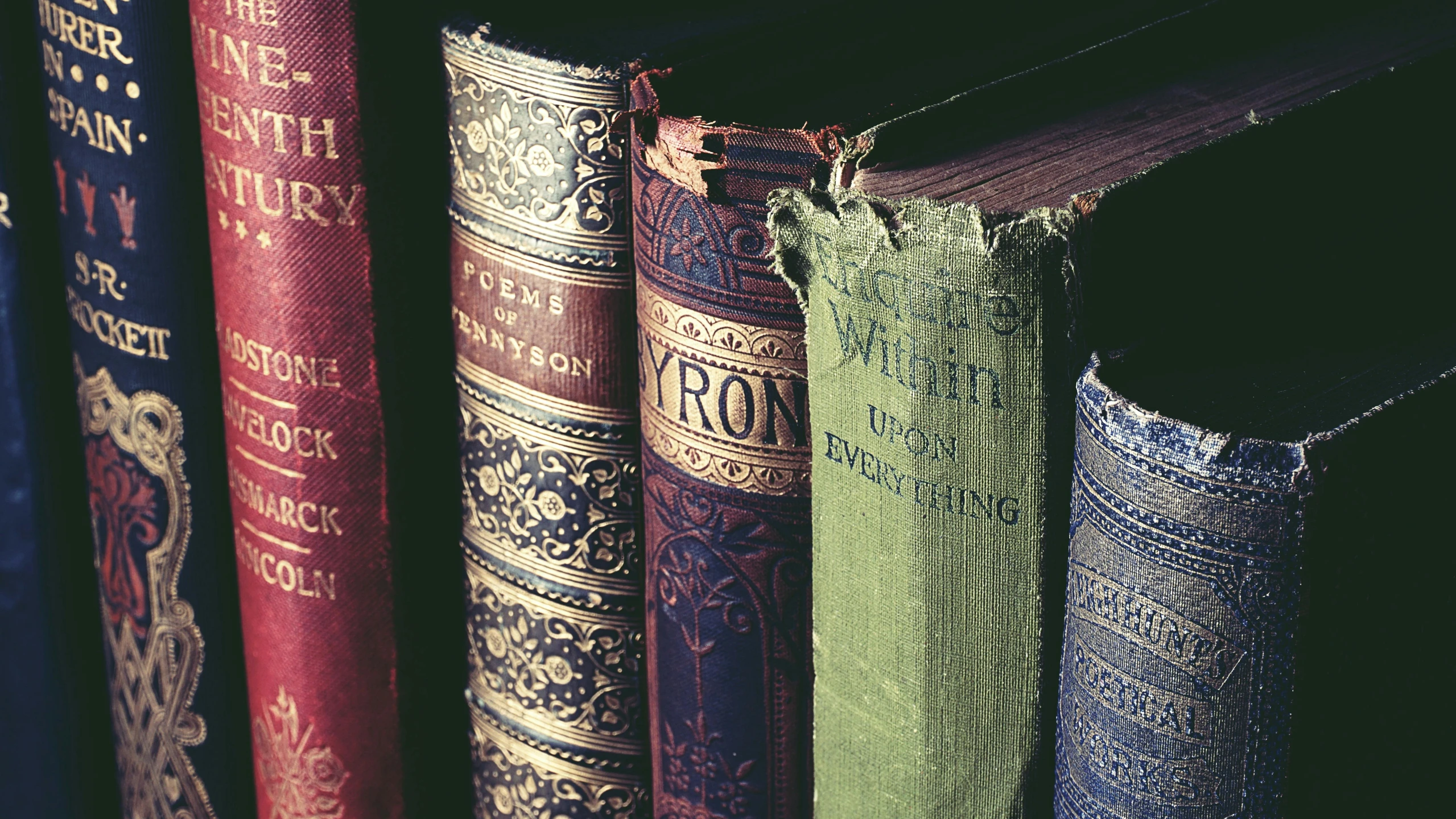 a row of books sitting on top of a shelf, vintage colours, old english, book cover, a close-up