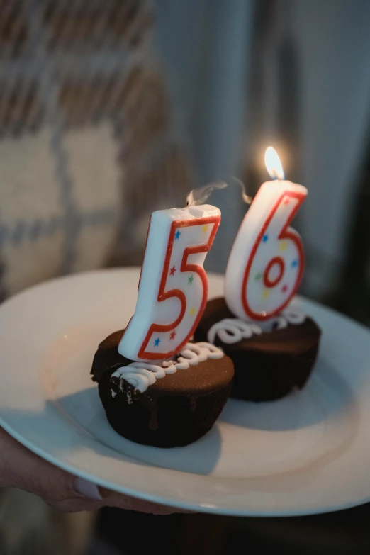 a person holding a plate of cupcakes with lit candles, a digital rendering, unsplash, 50 years old, 5 5 mm photo, 6 6 6, thumbnail