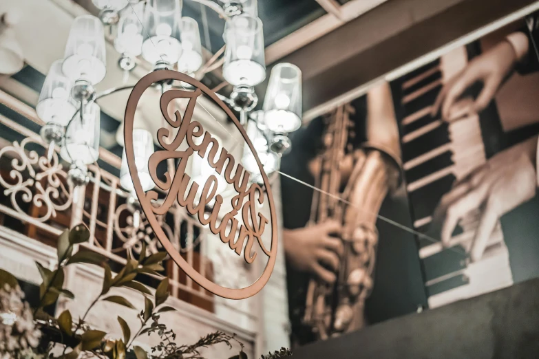 a sign hanging from the side of a building, inspired by William Jennys, trending on unsplash, funk art, 1 9 3 0 s jazz club, intricate details. front on, indoor picture, jenny savile