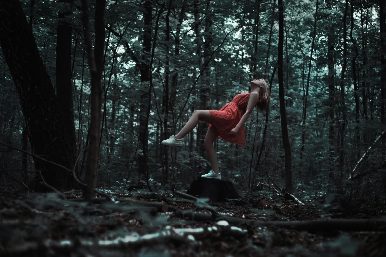 a woman in a red dress standing on a rock in the woods, inspired by Elsa Bleda, pexels contest winner, leaping towards viewer, film still from a horror movie, 3 d + digital art, medium format. soft light