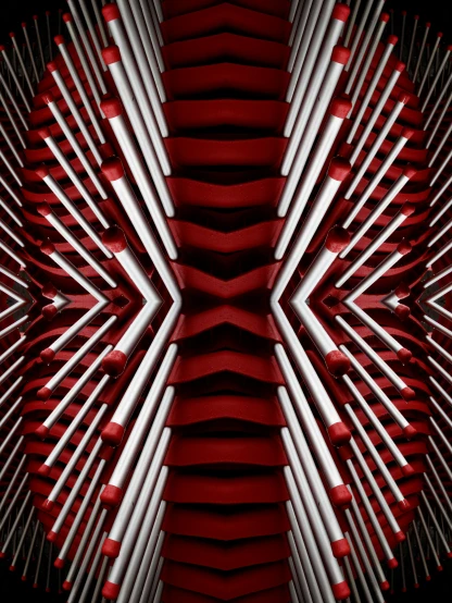 a red and white abstract design on a black background, an album cover, inspired by David Alfaro Siqueiros, pexels contest winner, vertical symmetry, chrome tubes, taken on iphone 14 pro, ornate spikes