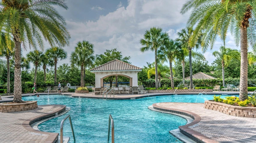 a large swimming pool surrounded by palm trees, by Carey Morris, pexels contest winner, kicking a florida mansion, water park, al fresco, thumbnail