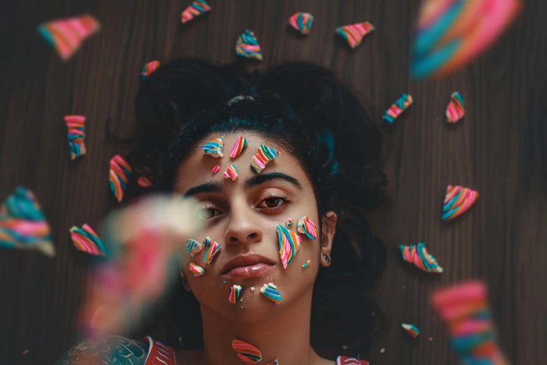 a woman laying on top of a wooden floor covered in confetti, trending on pexels, hyperrealism, made of lollypops, indian girl with brown skin, face focused, psychedelic therapy