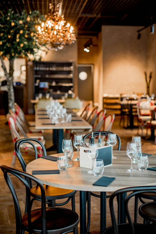 a dining room filled with lots of tables and chairs, inspired by Albert Paris Gütersloh, unsplash, festive atmosphere, modern rustic”, gourmet restaurant, wine