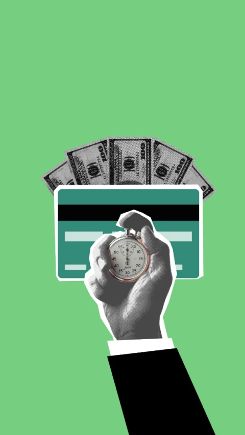 a hand holding a credit card with money coming out of it, a digital rendering, by Carey Morris, pexels contest winner, clock iconography, a green, a person standing in front of a, minimal shading