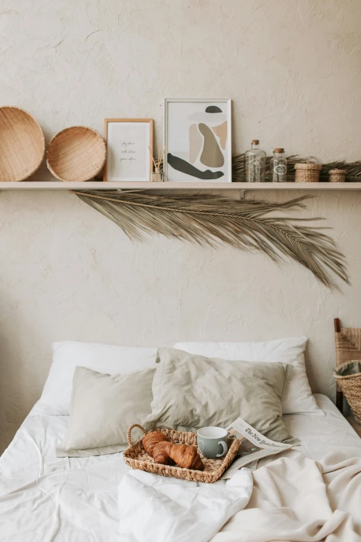 a bed room with a neatly made bed, poster art, unsplash contest winner, natural textures, shelves, dried palmtrees, toys