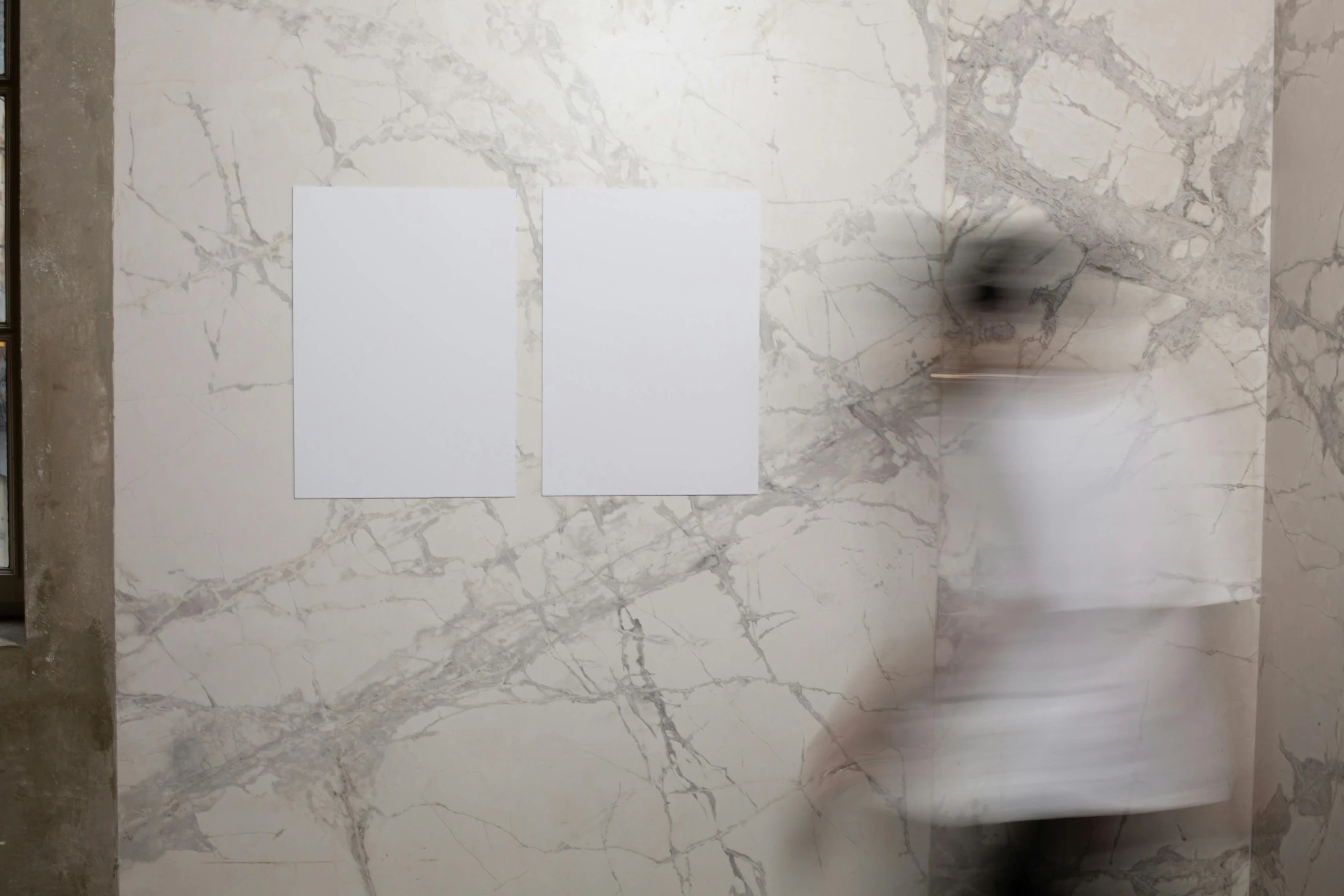 a blurry image of a person in a bathroom, inspired by Jan Lievens, conceptual art, white calacatta gold marble, blank paper, whiteboards, modern minimalist f 2 0